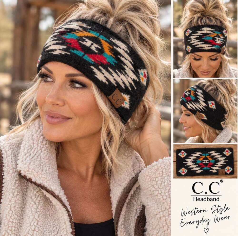 C.C Southwestern Aztec Headband Black Turquoise Orange Boho Western Ear Warmer
